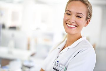 Image showing Excited woman, portrait and scientist with confidence for medical research, healthcare or discovery at laboratory. Face of female person or employee with smile in science, chemistry or biology at lab