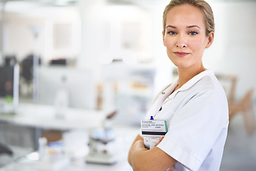 Image showing Serious woman, portrait and professional with arms crossed for healthcare or science at laboratory. Face of female person or medical researcher in confidence for PHD or career ambition at the lab