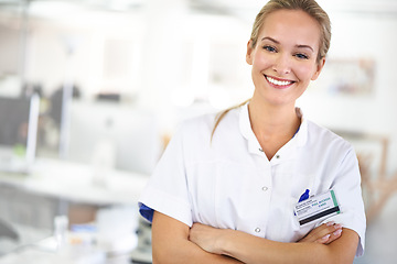 Image showing Happy woman, portrait and professional with arms crossed at laboratory for healthcare or science. Face of young female person or medical researcher in confidence for PHD or career ambition at the lab