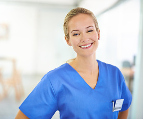 Image showing Healthcare, portrait and happy woman nurse in hospital for help, internship or friendly service. Health, face and female medical student at a clinic for emergency assistance, treatment or surgery