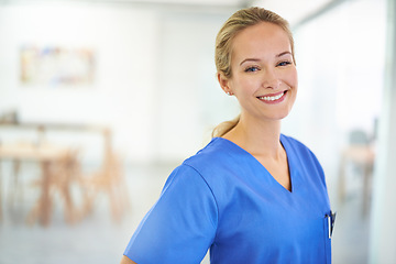 Image showing Healthcare, portrait and woman nurse in hospital for help, internship or friendly service. Health, face and happy female medical student at a clinic for emergency assistance, treatment or surgery