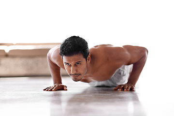 Image showing Man, push up and exercise workout for gym challenge with healthy performance, wellness or muscle. Male person, arms and sports training for calisthenics routine or physical activity, chore or warm up