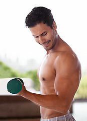 Image showing Muscle, dumbbell and happy man outdoor for training, exercise and sports to workout for power. Bodybuilder, strong and topless person weightlifting for fitness, health or wellness with abs in nature