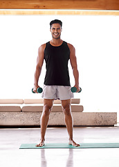 Image showing Man, portrait and dumbbell workout or weightlifting routine in home or healthy training, athlete or exercise. Male person, face and equipment or wellness strong or muscle growth, warm up or practice