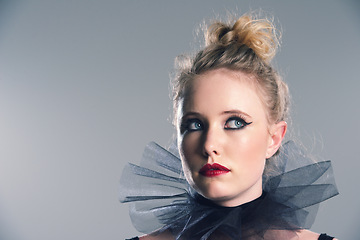 Image showing Thinking, fashion and makeup with woman in vintage aesthetic for ballet in studio background. Drama, style and girl with ideas for clothes in mockup space with retro beauty or unique character