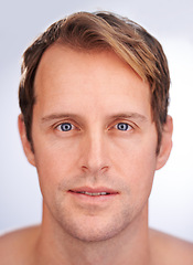 Image showing Man, portrait and skincare treatment in studio for healthy hygiene for cosmetic dermatology, cleaning or white background. Male person, face and model or morning wellness, routine or mockup space