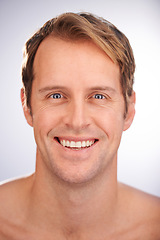 Image showing Man, portrait and skincare dermatology with smile for healthy hygiene for cosmetic treatment, cleaning or white background. Male person, face and model or morning wellness, studio or mockup space