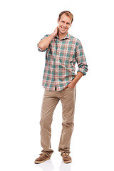 Image showing Happy man, portrait and standing with confidence for style on a white studio background. Full body of handsome young male person or model with smile, hand in pocket or casual clothing on mockup space