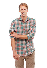 Image showing Man, smile and portrait for fashion, unwind and clothes for comfort and pattern on white background. Young person with arms crossed and happy for relax and style for casual and confident indoor