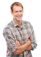 Image showing Man, smile and portrait for fashion, style and clothes for comfort and pattern on white background. Young person with arms crossed and happy for relax and unwind for casual and confident indoor