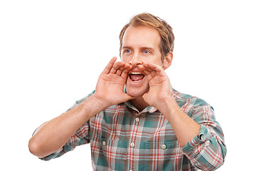 Image showing Advertise, man and yell excited with hands in studio, happy male person scream for sales and discount. Announcement, promotion information or give away, loud and voice with news on white background