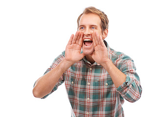 Image showing Advertise, man and shout excited with hands in studio, happy male person scream for sales and discount. Announcement, promotion information or give away, loud and voice with news on white background