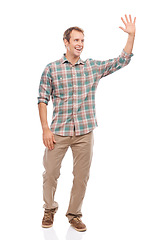 Image showing Welcome, wave and man greeting in studio, white background or mockup space with happiness. Hand, gesture and friendly person with social communication and networking in business with hello or goodbye