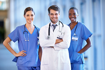 Image showing Portrait, leader and happy medical group in hospital for healthcare service in clinic. Confidence, doctor and face of diverse team of nurses in collaboration, cooperation or people with arms crossed