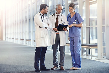 Image showing Doctors, expert and team in hospital with notes for diagnosis, discussion and health for medic and treatment. Young people or colleague with stethoscope for healthcare, medical and medicine on mockup