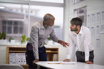 Image showing Businessman, teamwork or discussion with document in office for financial planning, project strategy or meeting. Professional, employees or collaboration with paperwork for brainstorming or diversity