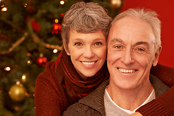 Image showing Senior, couple and hug on Christmas in portrait, happiness with gratitude and love to celebrate holiday. Trust, support and care with people at xmas party in the home, face and bonding with joy