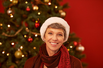 Image showing Senior, woman and portrait on Christmas with smile for celebration, holiday and festive season with tree for decoration. Happiness, wellness and Santa hat for tradition, joy and positivity at home