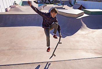 Image showing Skateboard, training and man with ramp, energy and competition with cardio and sunshine. Adventure, person and skater with practice for technique and skating style with exercise, sports and skills