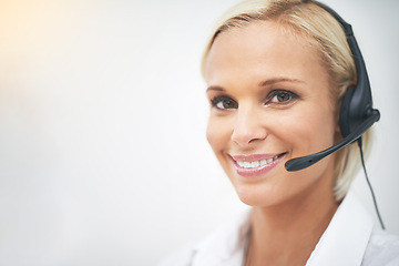 Image showing Woman, happy and portrait in call center with mockup space for networking, telemarketing or crm job. Person, smile and headphone with mic for voip communication, customer service and tech support