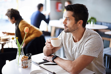 Image showing Coffee shop, thinking and man with notebook for remote work in restaurant, cafeteria and diner. Freelance, career and person for planning, ideas or project with beverage, caffeine and cappuccino
