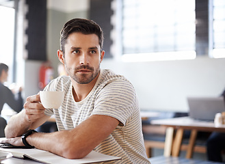 Image showing Man, cup and thinking in coffee shop, ideas and planning for startup company in cafe. Male person, latte and relax in restaurant for remote work in notebook, contemplating and inspiration for career