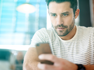 Image showing Man in cafe, smartphone and scroll on social media, reading on mobile app or ebook with communication and contact. Chat, email or text message with tech, search internet and online at coffee shop