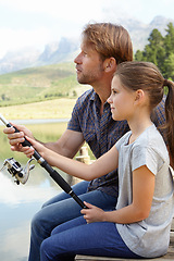 Image showing Dad, child and fishing in nature for teaching, learning and outdoor with holiday, travel or sustainable living. Family, father or fisherman with girl or kid by river, water or lake for adventure