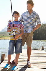 Image showing Fishing, lake or pole by father and son in nature bonding, vacation or travel adventure outdoor. Family, love and kid with dad at a river for learning, teaching or sustainable living while camping