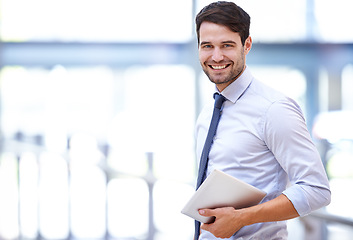 Image showing Happy, businessman and portrait with tablet in office for company research, email and online work. Professional person, smile and technology with confidence for job pride, schedule and communication