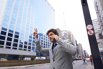 Image showing Phone call, businessman and stop taxi in city to travel, talking or communication of salesman outdoor in town. Smartphone, transport and professional hailing a cab or commute on street for trip