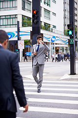 Image showing Businessman, city and coffee with commute, travel and thinking for career or job. Man, crosswalk and cape town with cityscape, startup or professional work with morning routine in urban environment