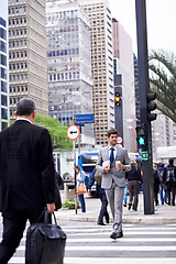 Image showing Man, city and coffee with commute, travel and thinking for career or job. Businessman, walk and cape town with cityscape, startup or professional work with morning routine in urban environment