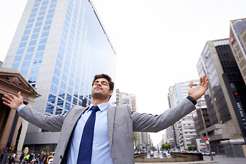 Image showing Businessman, city and street with ambition, celebration and freedom for corporate happiness. Man, cape town and excited with goals, success and startup target and professional worker with career