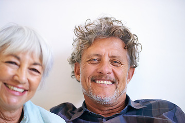 Image showing Old couple, face and relax with happiness in the home, love and security with comfort for bonding. Marriage, partner and retirement together with smile in portrait, people with trust and loyalty