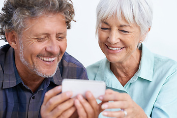 Image showing Happy, cellphone and mature couple networking internet, mobile app or website together for bonding. Smile, love and senior man and woman reading online blog for information with phone for marriage.