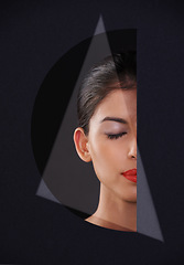 Image showing Young, woman and cosmetics or beauty in cutout for makeup, skincare and dermatology. Model or person with eyes closed and dreaming of foundation in geometric, mockup and a dark or black background