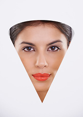 Image showing Woman, portrait and skincare in cutout for cosmetics, makeup and dermatology on a white background. Face of a model or young person with foundation with beauty closeup, shape and triangle in studio