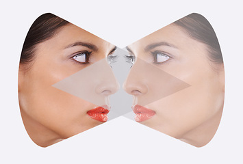 Image showing Woman, beauty and skincare in double exposure for cosmetics, makeup and dermatology on a white background. Model or young person with creative reflection, profile and looking at self in a studio