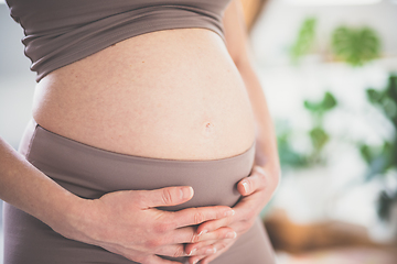 Image showing Pregnant woman belly. Pregnancy Concept. Pregnant tummy close up. Detail of pregnant woman relaxed at home.