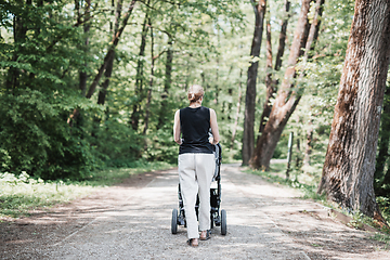 Image showing Rear view of casually dressed mother walking with baby stroller in Koseski bajer city park in Ljubljana, Slovenia. Family, child and parenthood concept.