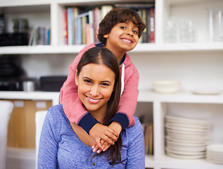 Image showing Mother, child and portrait in house for hugging, love and childhood for family and growth. Indian people, mom and boy with smile and happy together for kids, growing up and children for joy