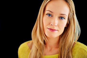 Image showing Skincare, results or portrait of woman in studio isolated on black background for mockup space. Smooth, facial cosmetics or face of confident model, lady or natural female person with shine and glow