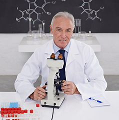 Image showing Scientist, man and portrait with microscope in lab for vaccine study, development or dna test. Mature doctor, smile and biotechnology for bacteria sample, medical research or growth in chemistry