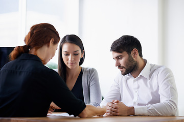 Image showing Business people, paperwork and discussion in office, planning and documents for strategy. Colleagues, workplace and communication in law firm for problem solving, solution and lawyers for research