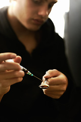 Image showing Man, syringe and spoon for heroin drug as unhealthy addiction or mental health struggle, danger or needle. Male person, hand and preparation of habit vice or depression overdose, anxiety or injection