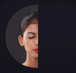 Image showing Young, woman and skincare or beauty in cutout for makeup, cosmetics and dermatology. Model or person with eyes closed and dreaming of foundation with creative, mockup and space on a black background