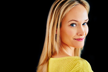 Image showing Skincare, space or portrait of happy woman in studio isolated on black background for mockup. Smooth, facial cosmetics or face of confident model or natural female person with shine, pride and glow