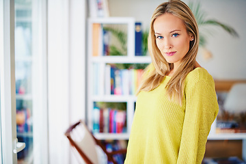 Image showing Calm, portrait and woman in a home library for weekend reading, relax or chilling in a house. Book shelf, face and confident female person in a study room for me time, vacation or resting on holiday