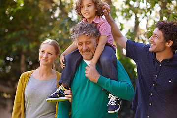 Image showing Big family, garden and happiness with child, nature and sunshine with weekend break or bonding together. Parents, grandfather and dad with mother and kid for joy and summer with fun, love or backyard